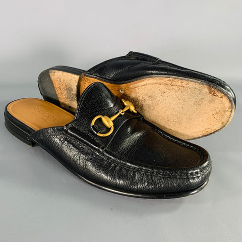 GUCCI Size 7.5 Black Gold Leather Horsebit Slip On Loafers