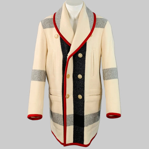 YVES SAINT LAURENT Vintage Size 40 Cream Red Plaid Wool Mohair Double Breasted Shawl Lapel Coat