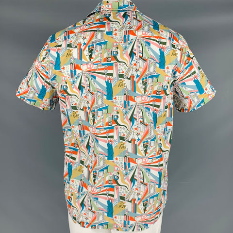 J CREW Size L White Multi Color NYC Print Cotton Camp Short Sleeve Shirt