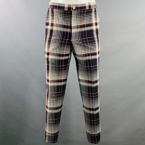 THOM BROWNE Size 42 Navy White Red Plaid Wool Mohair Silk Suit