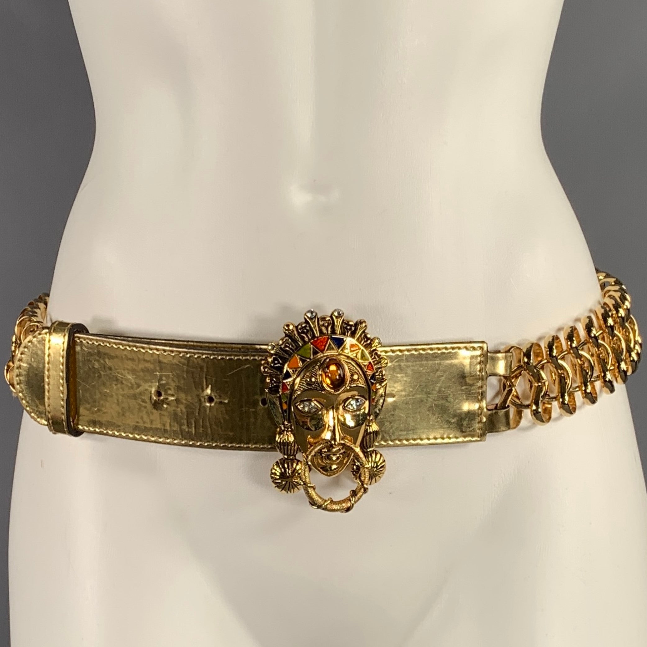 ROBERTO CAVALLI Waist Size M Gold Chain Link Leather Enamel Belt