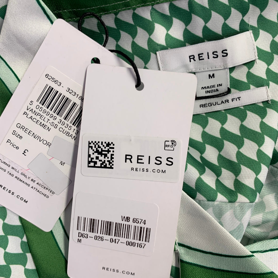 REISS Size M Vanpelt Green Ivory Geometric Polyester Regular Fit Camp Short Sleeve Shirt