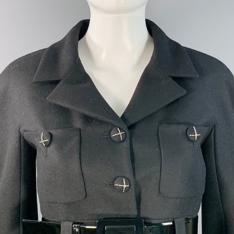 CHANEL Vintage AW07 Size 4 Black Wool Patent Leather 3/4 Sleeves Belted Coat