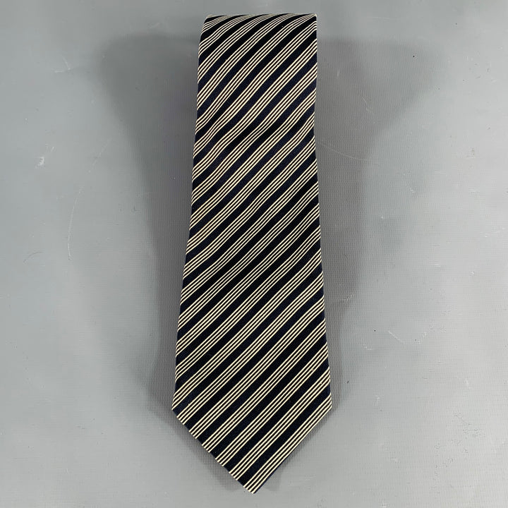 SALVATORE FERRAGAMO Navy White Diagonal Stripe Silk Tie