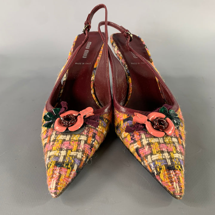 MIU MIU Size 7 Burgundy Wool Tweed Slingback Pumps