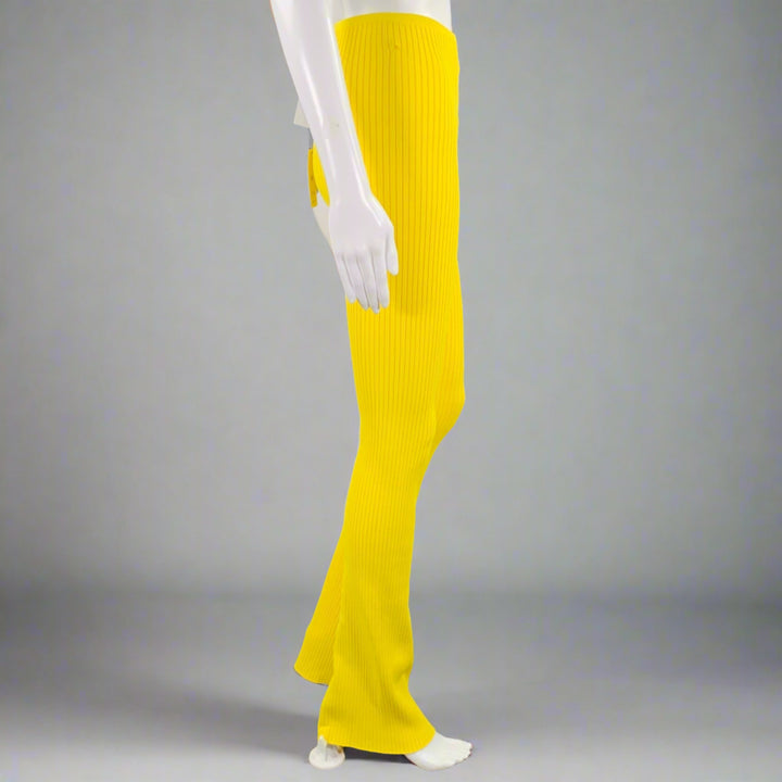 LANEUS Size 4 Yellow Viscose Blend Ribbed Bell Bottom Leggings