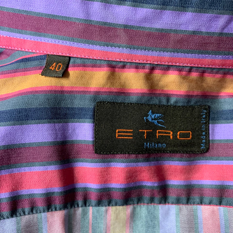 ETRO Size L Purple Pink & Orange Stripe Cotton Button Up Long Sleeve Shirt