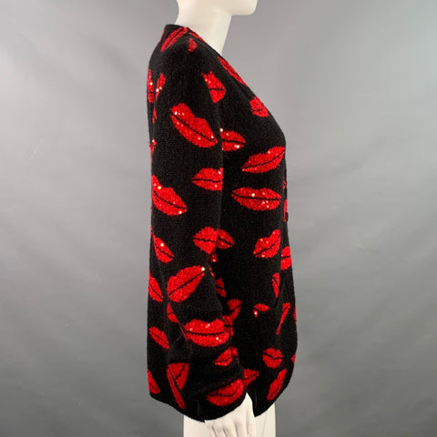 SAINT LAURENT 2016 Size S Black Red Lipstick Kisses Mohair Blend Sequined Cardigan