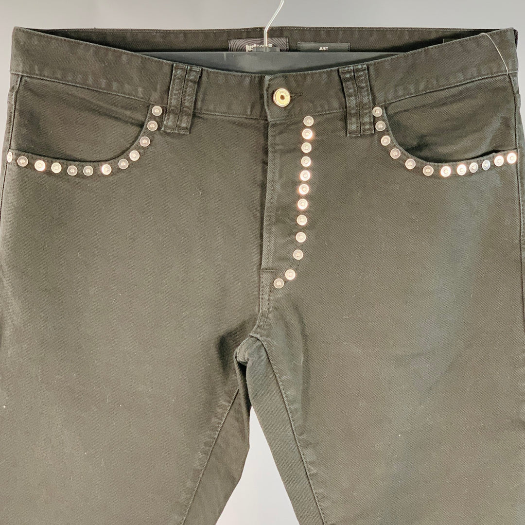 JUST CAVALLI Size 33 Black Silver Studded Cotton Blend Denim Button Fly Jeans