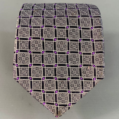 CANALI One Size Black Purple Checkered Jacquard Silk Tie