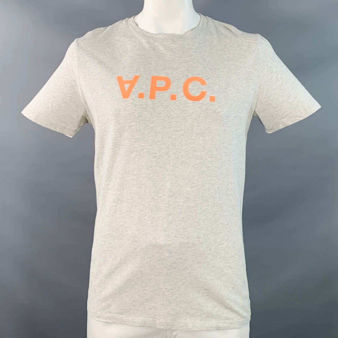 A.P.C. Size XL Heather Grey Orange Cotton Logo Crew Neck T-shirt
