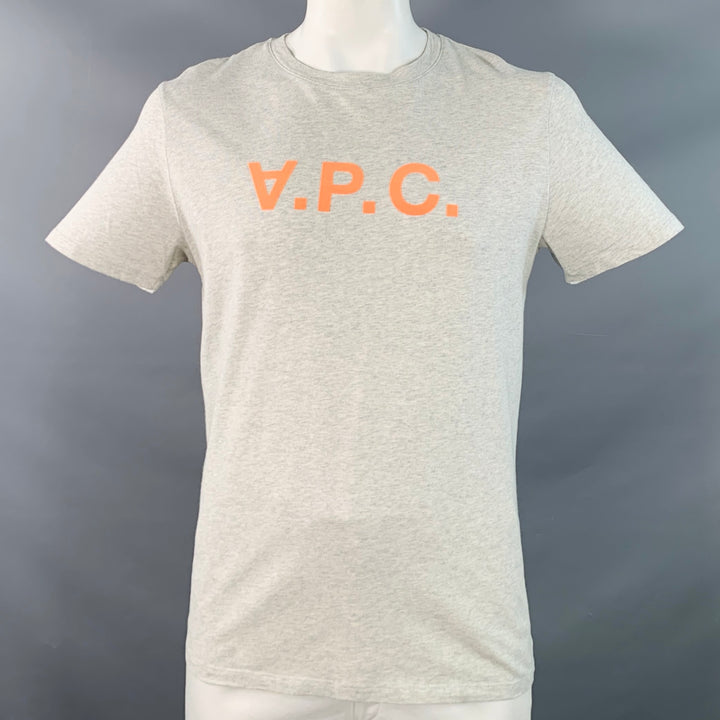 A.P.C. Size XL Heather Grey Orange Cotton Logo Crew Neck T-shirt