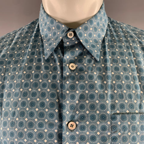 PRADA Size L Blue White Geometric Pointed Collar Short Sleeve Shirt