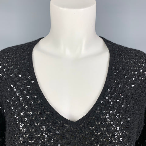 I.MAGNIN Taille M Pull Col V en Cachemire Noir à Paillettes