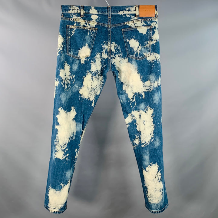 GUCCI Cruise 2017 Size 36 Indigo White Bleached Denim Studded Button Fly Jeans
