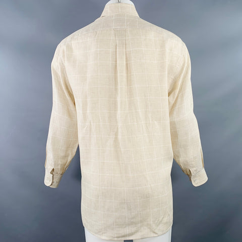 FACONNABLE Size S Beige White Window Pane Linen One Pocket Long Sleeve Shirt