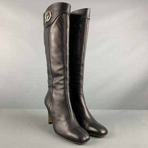 GUCCI Size 6.5 Black Gold Leather Side Zipper Boots