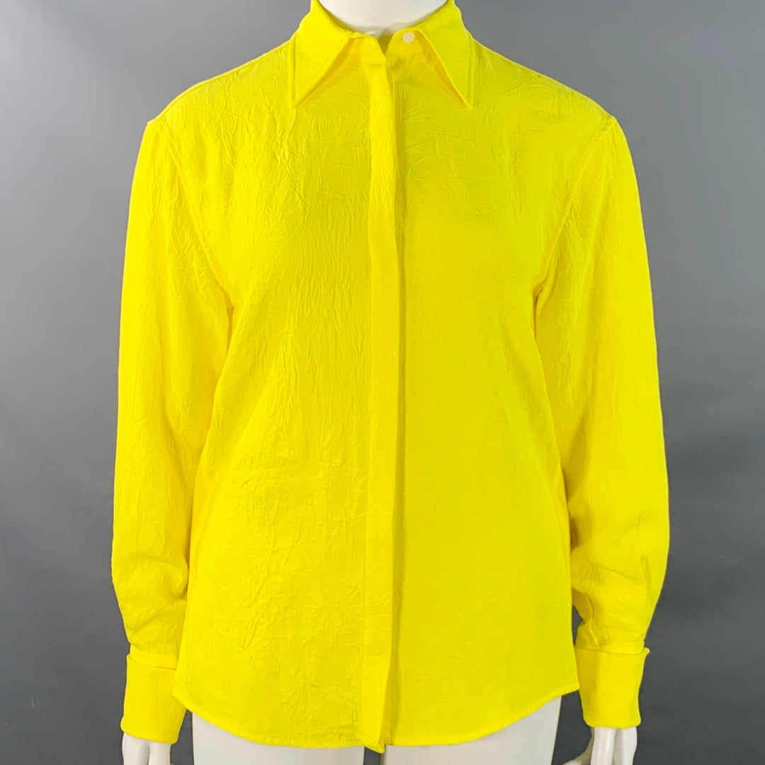 PROENZA SCHOULER Size L Neon Yellow Wrinkled Acetate Hidden Placket Long Sleeve Shirt