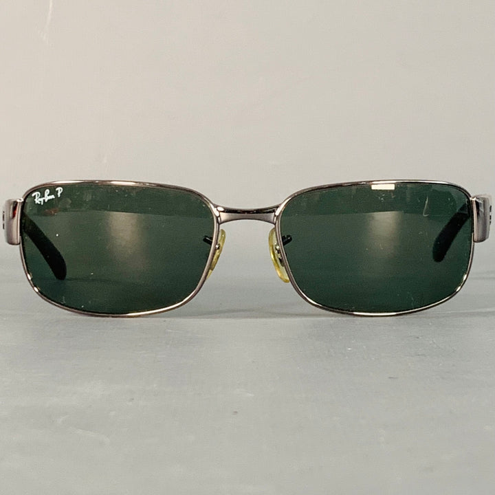 RAY-BAN Silver Black Metal Rectangular Polarized Sunglasses