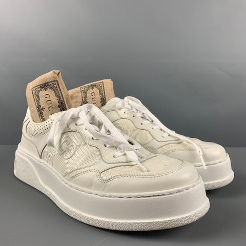 GUCCI Size 11.5 White Monogram Leather Lace Up Sneakers