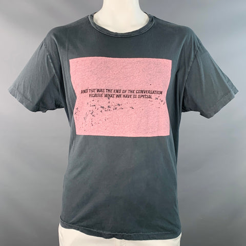 LOST DAZE CA Size XL Grey Pink Embroidered Print Cotton Crew Neck T-shirt