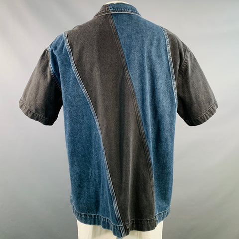 FENG CHEN WANG Size XL Black Indigo Patchwork Cotton Short Sleeve Shirt