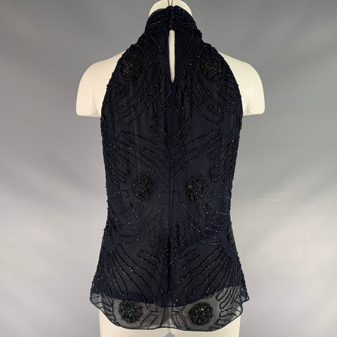 RALPH LAUREN Size 4 Navy Silk Beaded Halter Dress Top