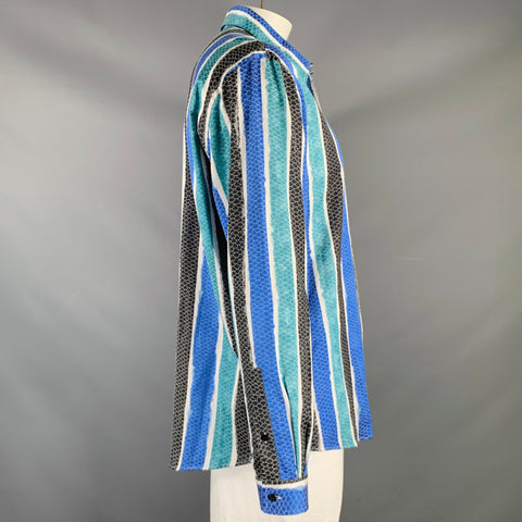 VERSACE COLLECTION Size XL Black White Blue Green Stripe Long Sleeve Shirt