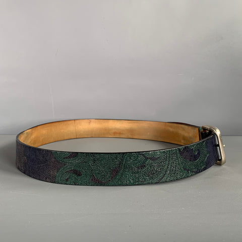 ETRO Size 38 Navy Green Paisley Leather Belt