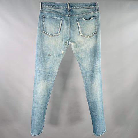JOHN ELLIOTT Size 34 Blue Distressed Cotton Blend Button Fly Jeans