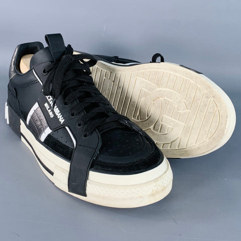 DOLCE & GABBANA Size 10 Black White Silver Logo Leather Sneakers