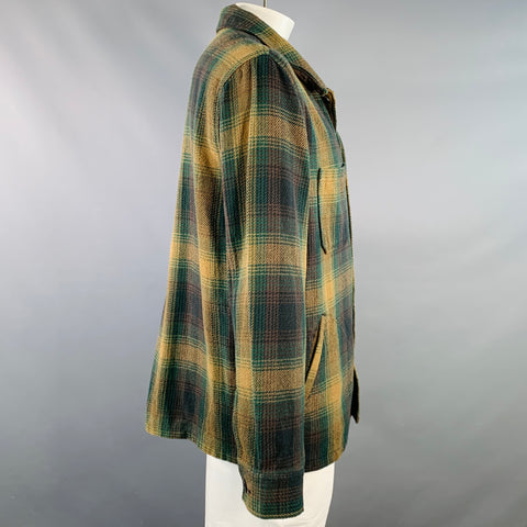 FILSON Size L Deer Island Ranch Green Olive Plaid Cotton Shirt Jacket