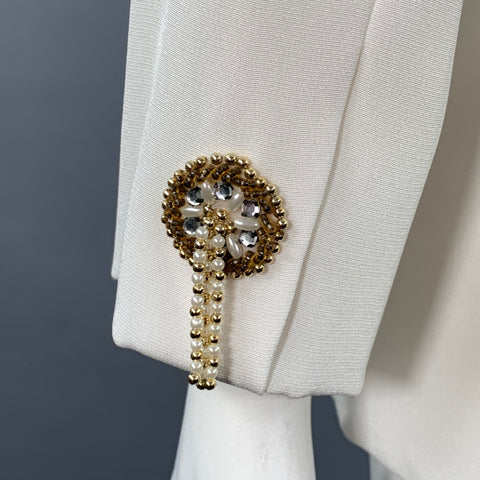 VICTORIA ROYAL Size 12 Cream Polyester Beaded Shawl Collar Jacket Blazer