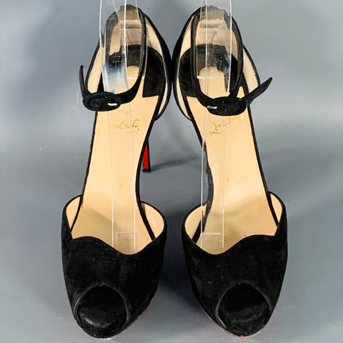 CHRISTIAN LOUBOUTIN Size 7.5 Aketata 120 Black Red Suede Ankle Strap Sandals