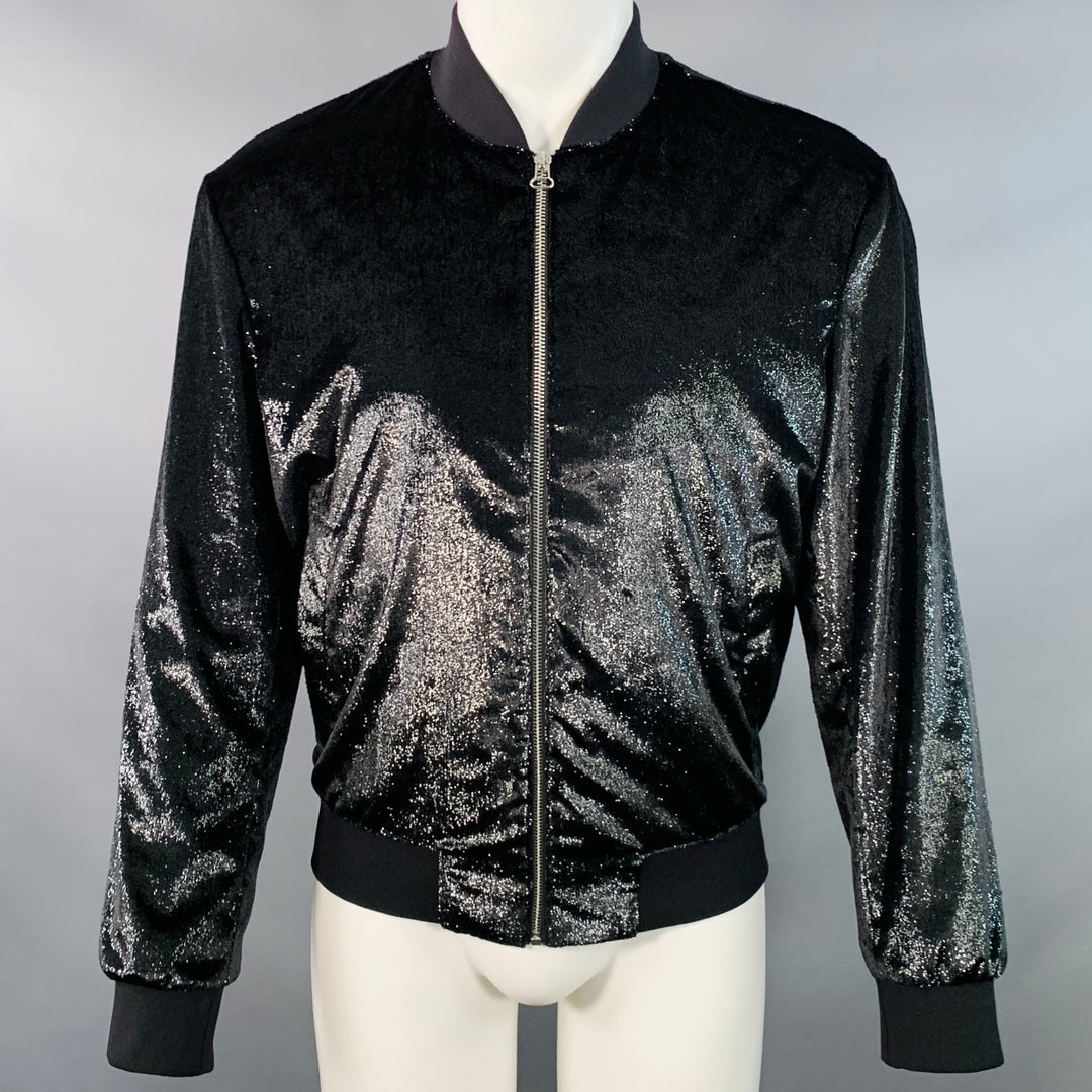 HUGO BOSS Size M Bestino1912 Metallic Black Velour Zip Up Bomber Jacket