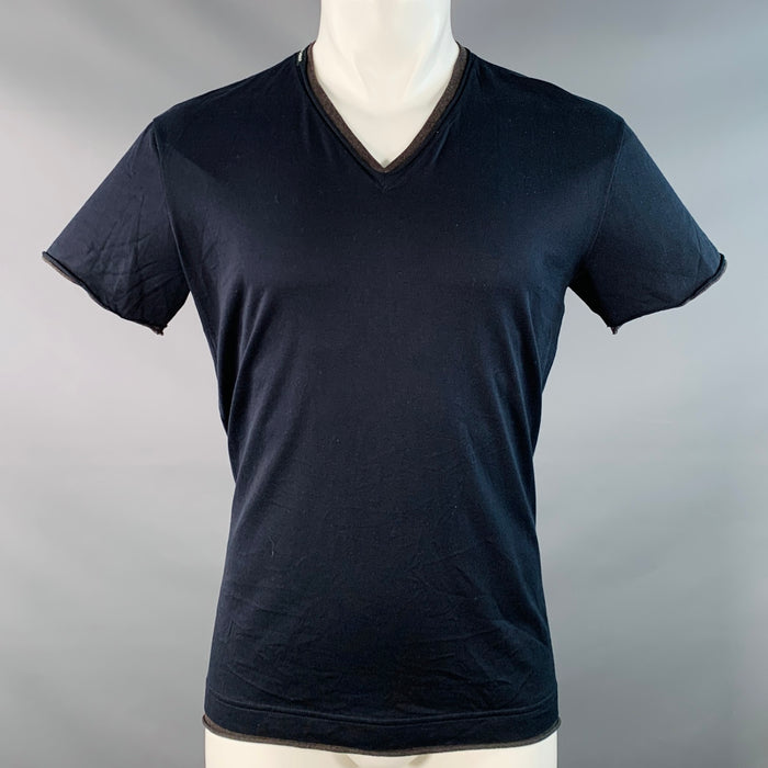 DOLCE & GABBANA Size S Navy Grey Layered Cotton V-Neck T-shirt