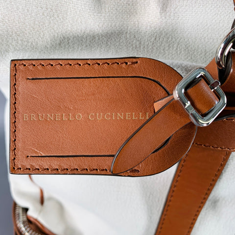BRUNELLO CUCINELLI Brown Cream Canvas Leather Oversized Weekender Bag