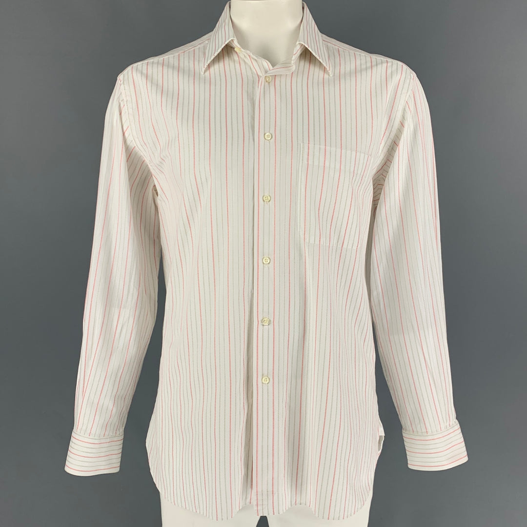 ERMENEGILDO ZEGNA Size L White Orange Stripe Cotton Long Sleeve Shirt