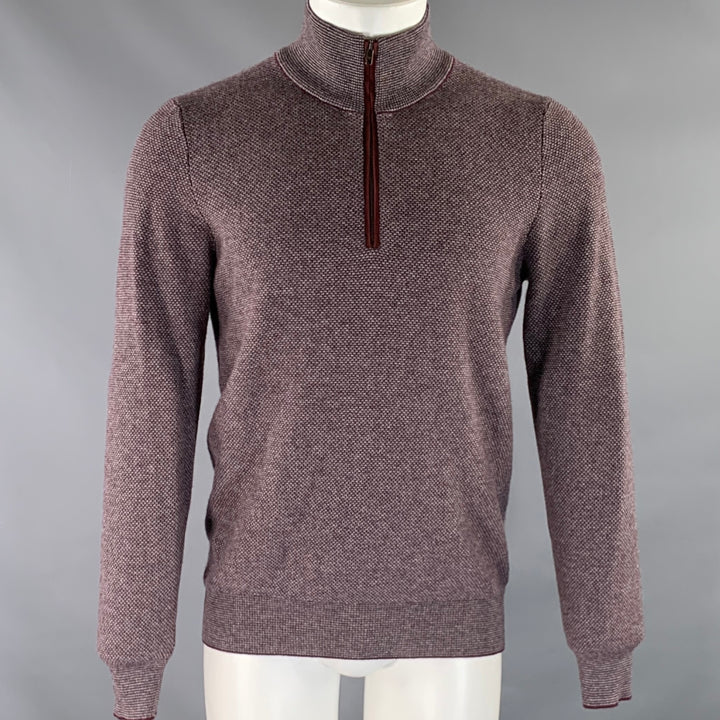 LUCIANO BARBERA Size S Burgundy Grey Heather Cashmere 1/4 Zip Pullover