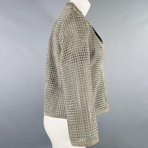 AKRIS Size 8 Grey Perforated Lamb Suede Eye Hook Jacket Blazer