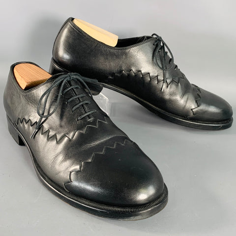 BOTTEGA VENETA Size 11 Black Leather Textured Zig Zag Lace-Up Shoes