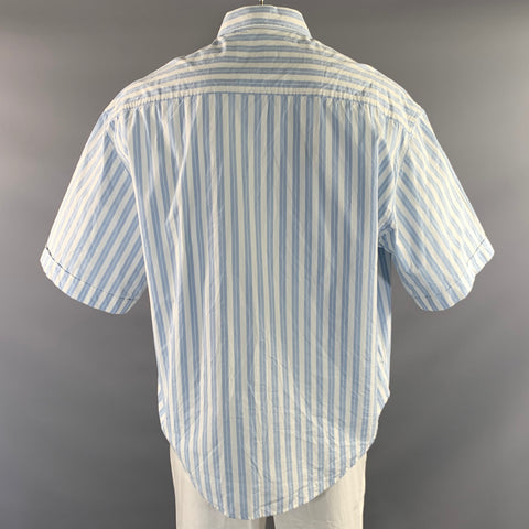 AMI Size L White Blue Stripe Cotton Button Up Short Sleeve Shirt