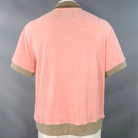 TOMBOLO Size XL Flamingo Tartare Pink Taupe Applique Organic Cotton 1/4 Zip Short Sleeve Shirt