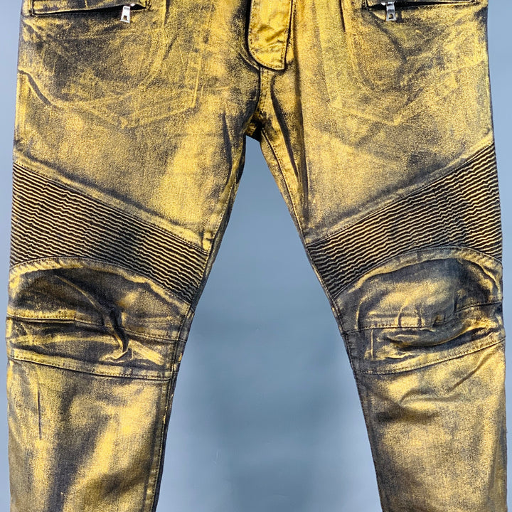 BALMAIN Size 38 Metallic Gold Black Cotton Slim Biker Jeans
