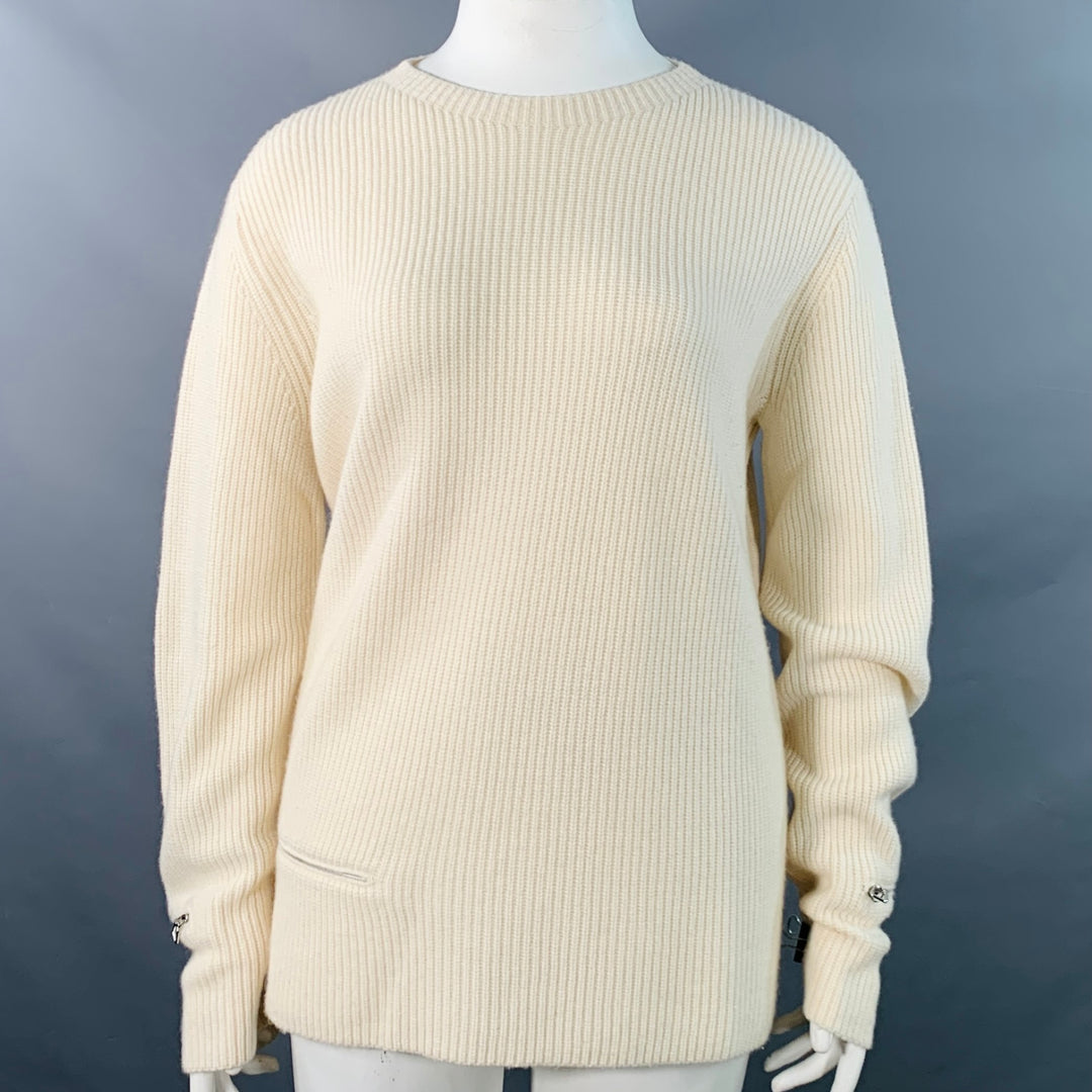 AKRIS Size 14 Off White Cashmere Rib Knit Zippers Crew Neck Sweater