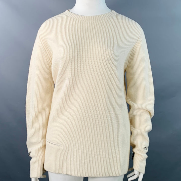 AKRIS Size 14 Off White Cashmere Rib Knit Zippers Crew Neck Sweater