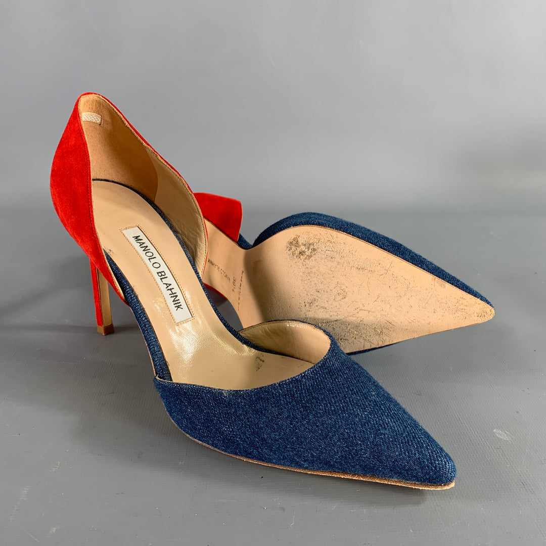 MANOLO BLAHNIK Size 9.5 Blue Red Suede Two Tone Suede Pointed Toe Pumps