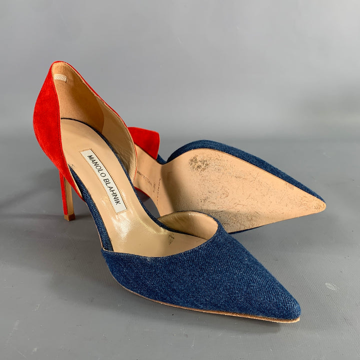 MANOLO BLAHNIK Size 9.5 Blue Red Suede Two Tone Suede Pointed Toe Pumps