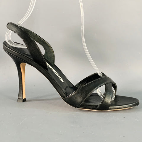 MANOLO BLAHNIK Size 8 Black Leather Strappy Slingback Sandals