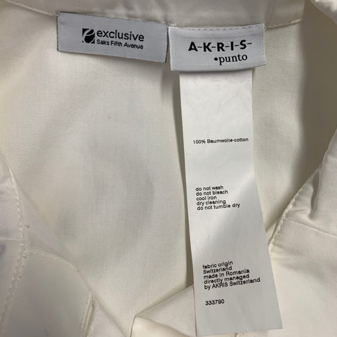 AKRIS Size 6 White Cotton Drawstring Waist 3/4 Sleeves Hidden Buttons Blouse